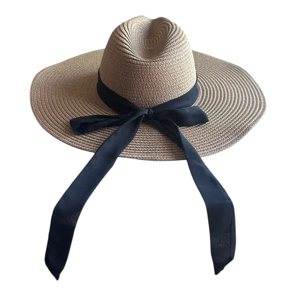 NWT‎ Vince Camuto sun hat black and tan with ribbon one size